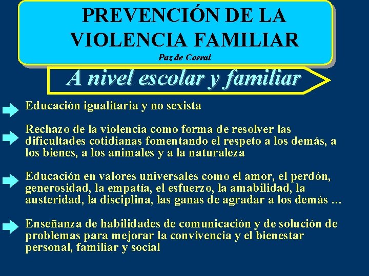 PREVENCIÓN DE LA VIOLENCIA FAMILIAR Paz de Corral A nivel escolar y familiar Educación