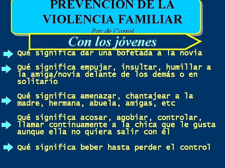 PREVENCIÓN DE LA VIOLENCIA FAMILIAR Paz de Corral Con los jóvenes Qué significa dar