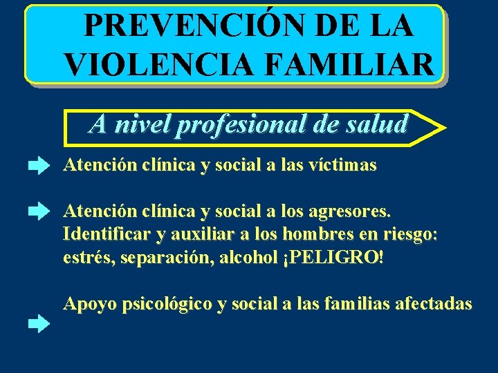 PREVENCIÓN DE LA VIOLENCIA FAMILIAR A nivel profesional de salud Atención clínica y social