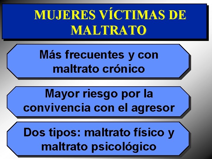 MUJERES VÍCTIMAS DE MALTRATO Más frecuentes y con maltrato crónico Mayor riesgo por la