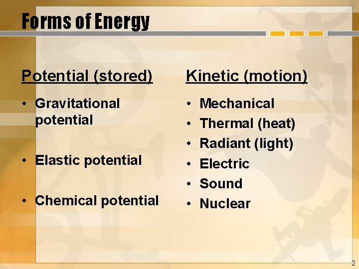 Forms of Energy Potential (stored) Kinetic (motion) • Gravitational potential • • Elastic potential