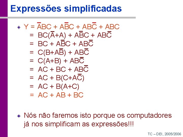 Expressões simplificadas Y = ABC + ABC = BC(A+A) + ABC = BC +