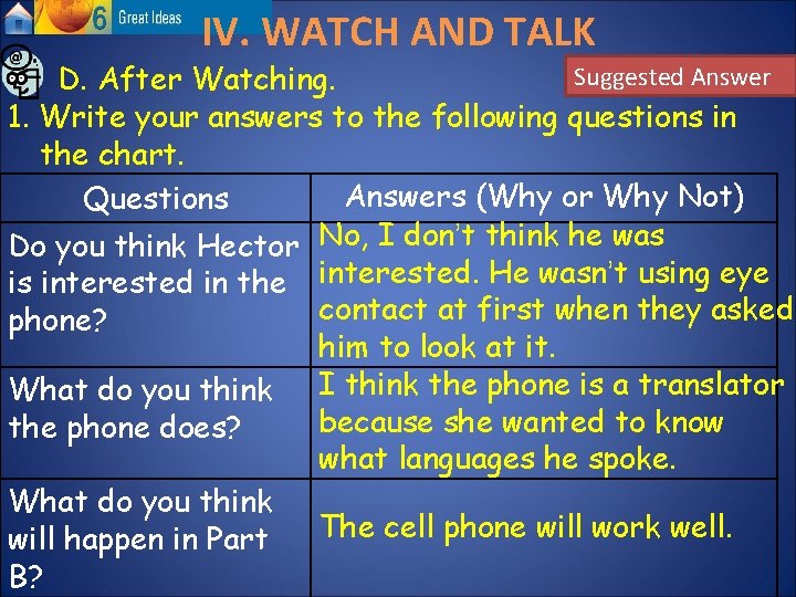 IV. WATCH AND TALK Suggested Answer D. After Watching. 1. Write your answers to