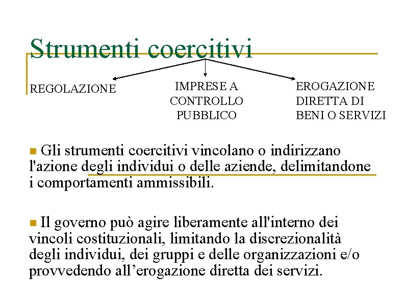 Strumenti coercitivi REGOLAZIONE IMPRESE A CONTROLLO PUBBLICO EROGAZIONE DIRETTA DI BENI O SERVIZI Gli