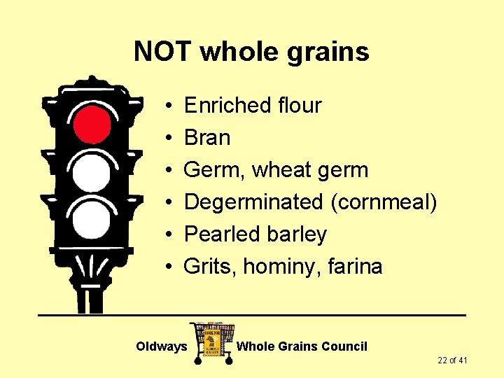 NOT whole grains • • • Enriched flour Bran Germ, wheat germ Degerminated (cornmeal)