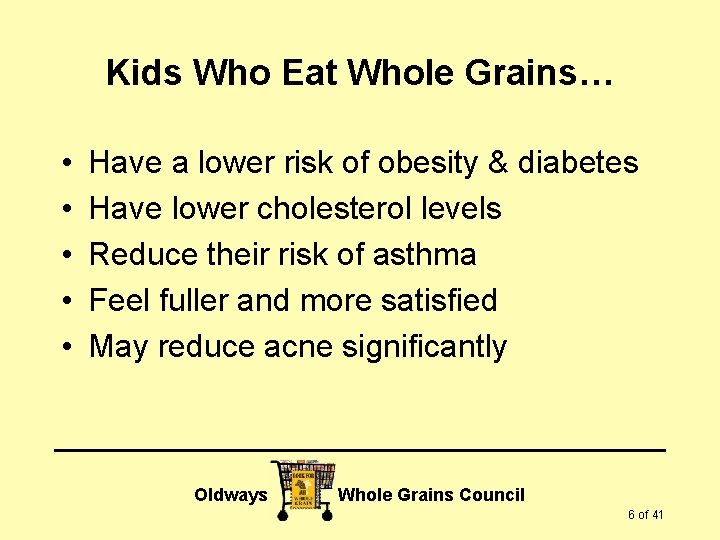 Kids Who Eat Whole Grains… • • • Have a lower risk of obesity