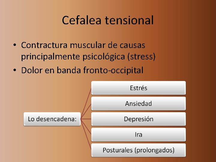 Cefalea tensional • Contractura muscular de causas principalmente psicológica (stress) • Dolor en banda