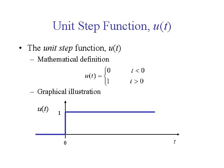 Unit Step Function, u(t) • The unit step function, u(t) – Mathematical definition –