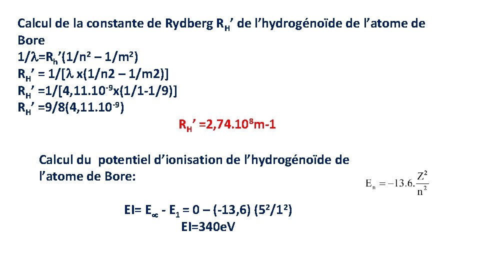 Calcul de la constante de Rydberg RH’ de l’hydrogénoïde de l’atome de Bore 1/