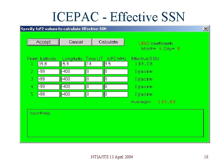 ICEPAC - Effective SSN NTIA/ITS 13 April 2004 18 ICEPAC - Effective SSN NTIA/ITS 13 April 2004 18