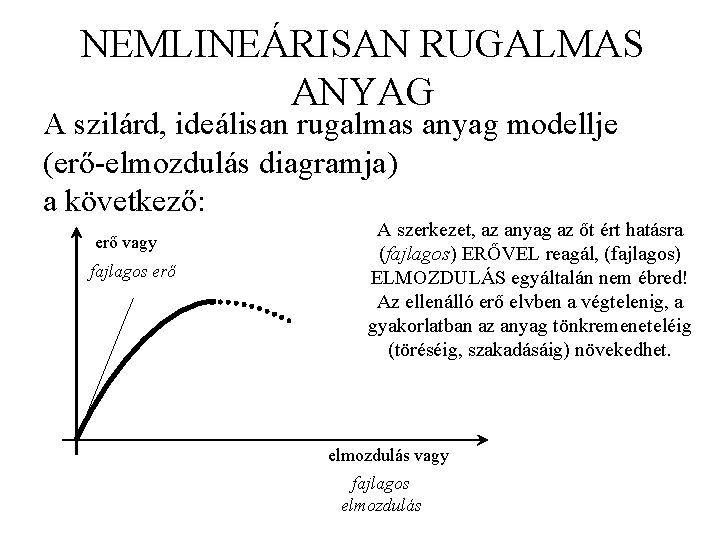 NEMLINEÁRISAN RUGALMAS ANYAG A szilárd, ideálisan rugalmas anyag modellje (erő-elmozdulás diagramja) a következő: erő