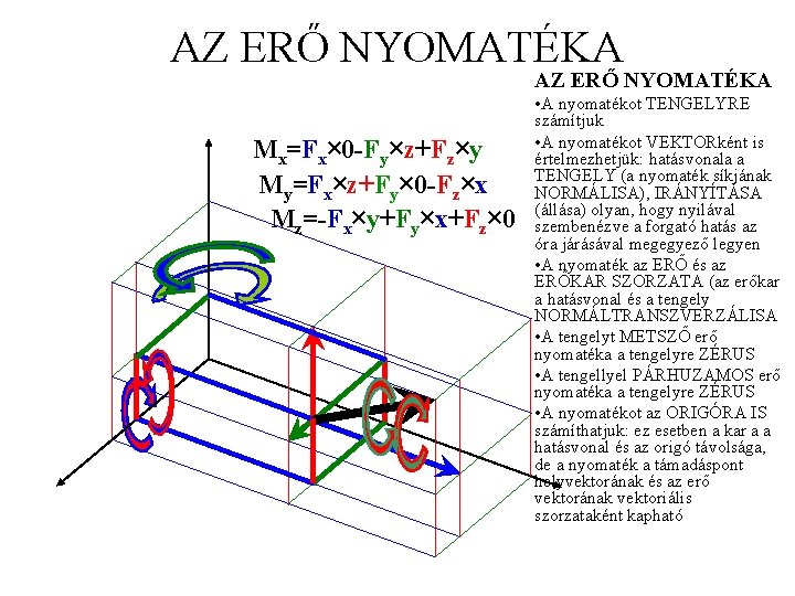 AZ ERŐ NYOMATÉKA Mx=Fx× 0 -Fy×z+Fz×y My=Fx×z+Fy× 0 -Fz×x Mz=-Fx×y+Fy×x+Fz× 0 • A nyomatékot