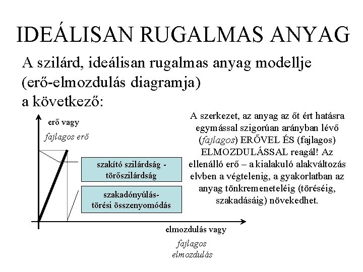 IDEÁLISAN RUGALMAS ANYAG A szilárd, ideálisan rugalmas anyag modellje (erő-elmozdulás diagramja) a következő: erő
