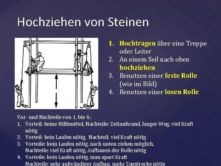 Hochziehen von Steinen { 1. Hochtragen über eine Treppe oder Leiter 2. An einem Hochziehen von Steinen { 1. Hochtragen über eine Treppe oder Leiter 2. An einem
