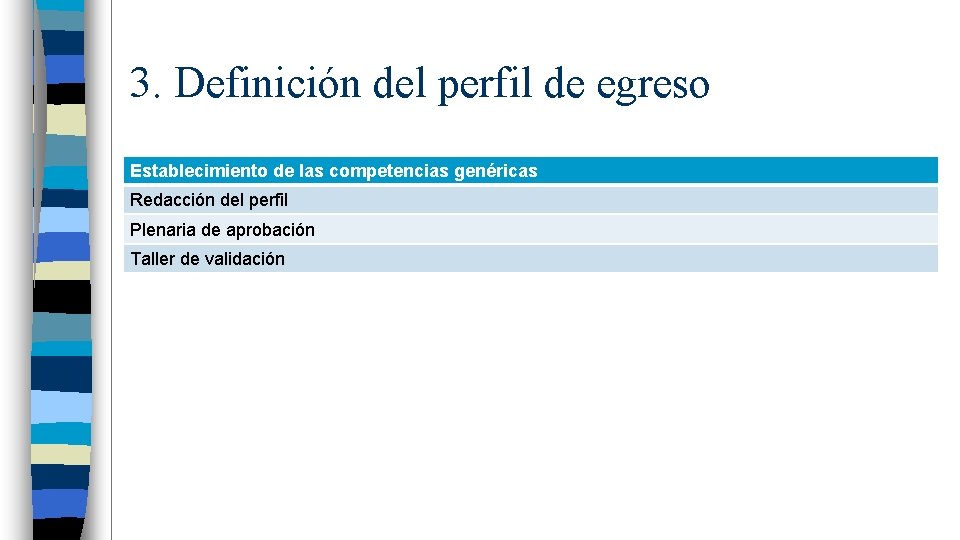 3. Definición del perfil de egreso Establecimiento de las competencias genéricas Redacción del perfil