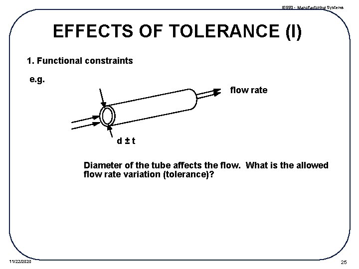 IE 550 - Manufacturing Systems EFFECTS OF TOLERANCE (I) 1. Functional constraints e. g.