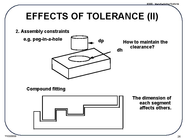 IE 550 - Manufacturing Systems EFFECTS OF TOLERANCE (II) 2. Assembly constraints e. g.