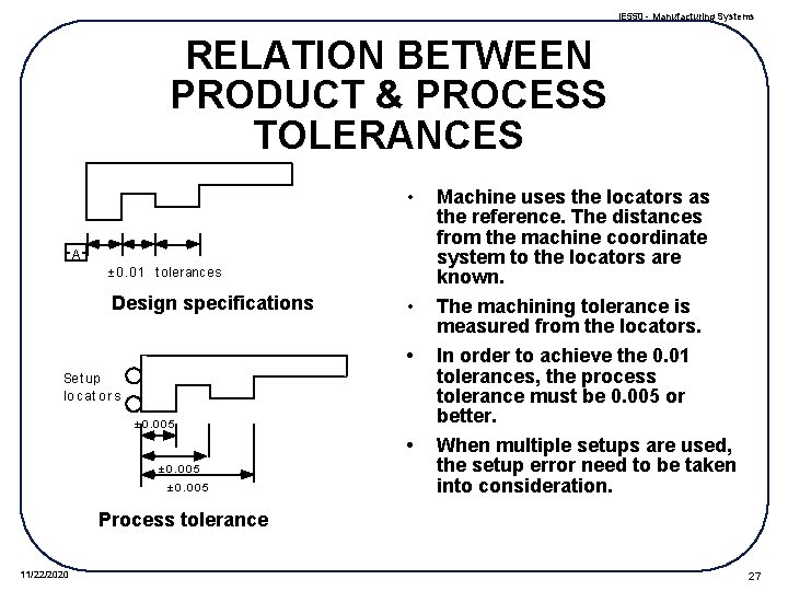 IE 550 - Manufacturing Systems RELATION BETWEEN PRODUCT & PROCESS TOLERANCES • A ±