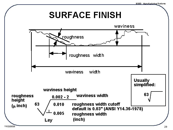 IE 550 - Manufacturing Systems SURFACE FINISH waviness roughness widt h waviness widt h