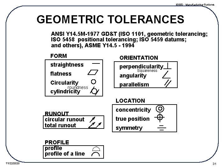 IE 550 - Manufacturing Systems GEOMETRIC TOLERANCES ANSI Y 14. 5 M-1977 GD&T (ISO