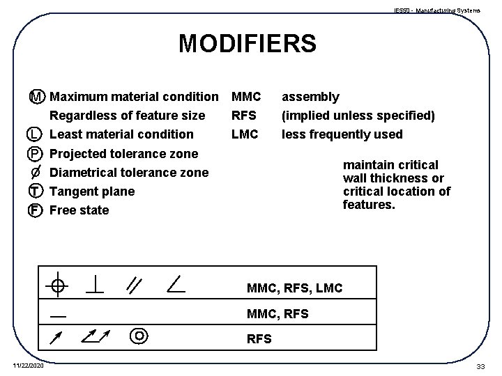 IE 550 - Manufacturing Systems MODIFIERS M Maximum material condition MMC Regardless of feature
