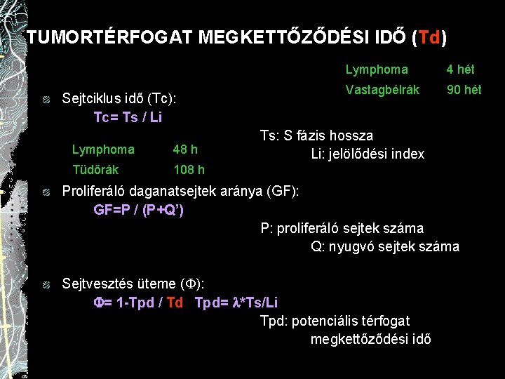 TUMORTÉRFOGAT MEGKETTŐZŐDÉSI IDŐ (Td) Sejtciklus idő (Tc): Tc= Ts / Li Lymphoma 48 h