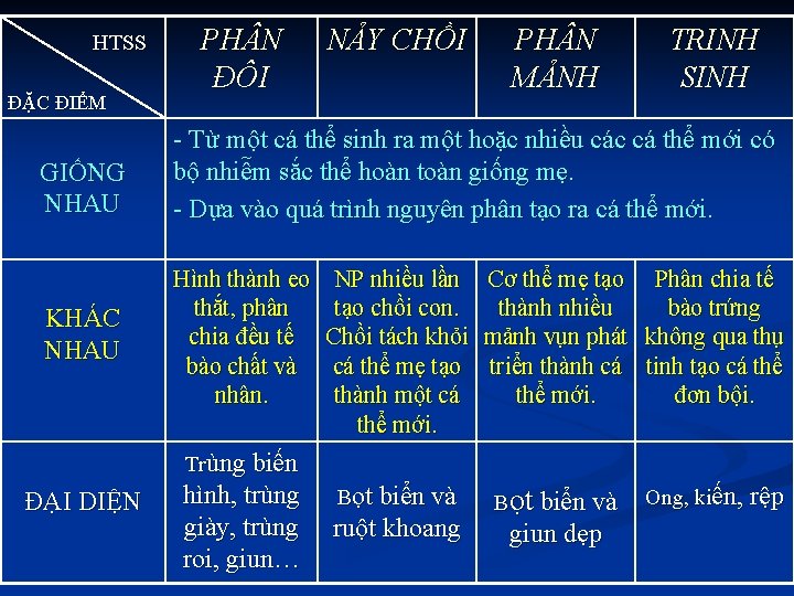 HTSS ĐẶC ĐIỂM GIỐNG NHAU KHÁC NHAU PH N ĐÔI NẢY CHỒI PH N