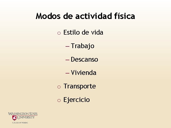 Modos de actividad física o Estilo de vida – Trabajo – Descanso – Vivienda