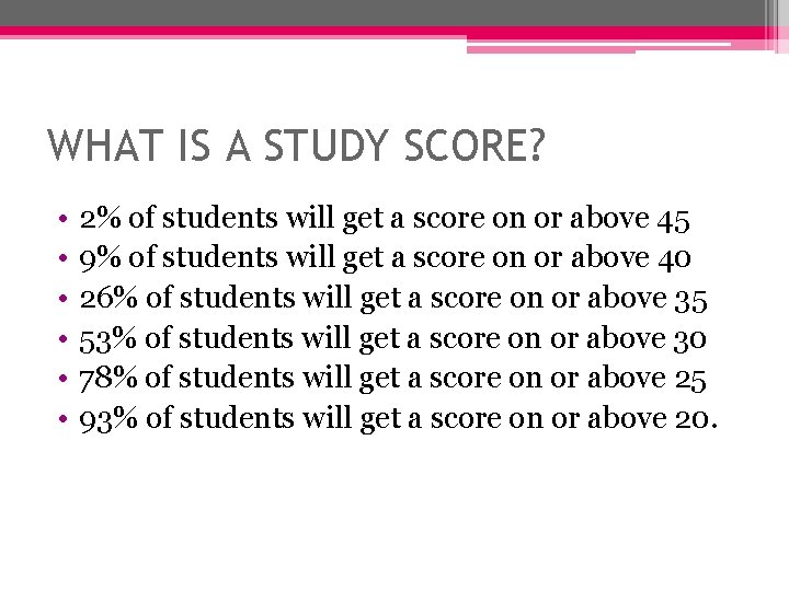 WHAT IS A STUDY SCORE? • • • 2% of students will get a