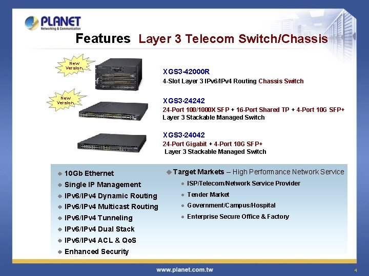 Features Layer 3 Telecom Switch/Chassis New Version XGS 3 -42000 R 4 -Slot Layer