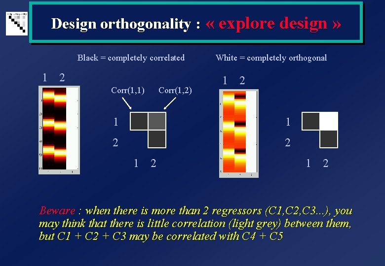 Design orthogonality : « explore design » Black = completely correlated White = completely