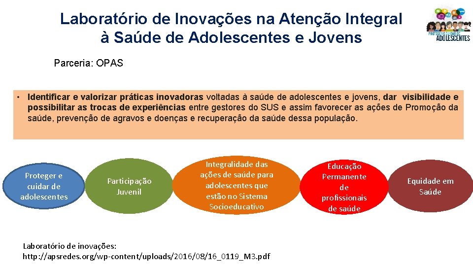 Laboratório de Inovações na Atenção Integral à Saúde de Adolescentes e Jovens Parceria: OPAS Laboratório de Inovações na Atenção Integral à Saúde de Adolescentes e Jovens Parceria: OPAS
