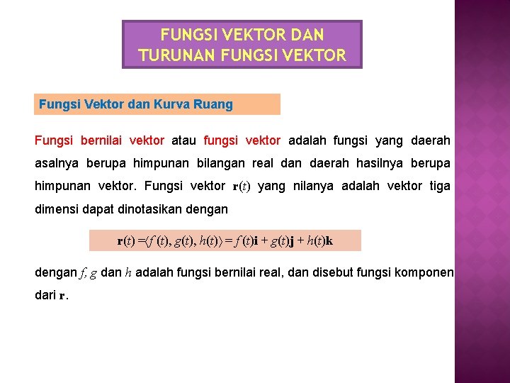 FUNGSI VEKTOR DAN TURUNAN FUNGSI VEKTOR Fungsi Vektor dan Kurva Ruang Fungsi bernilai vektor