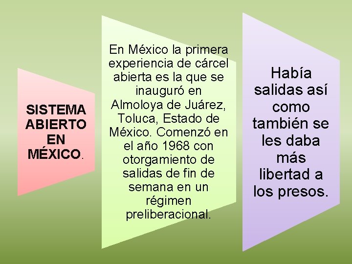 SISTEMA ABIERTO EN MÉXICO. En México la primera experiencia de cárcel abierta es la