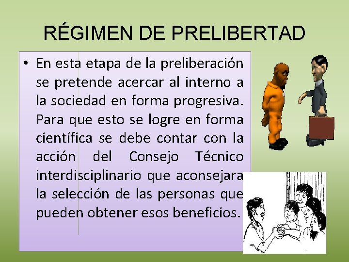 RÉGIMEN DE PRELIBERTAD • En esta etapa de la preliberación se pretende acercar al