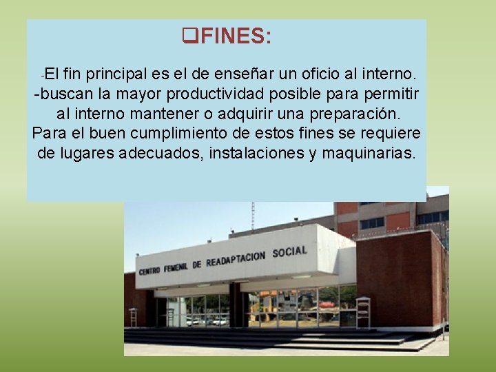 q. FINES: -El fin principal es el de enseñar un oficio al interno. -buscan