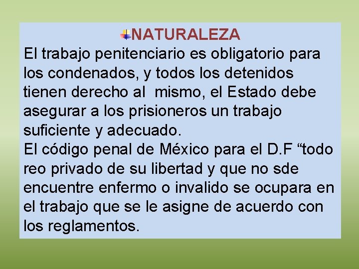 NATURALEZA El trabajo penitenciario es obligatorio para los condenados, y todos los detenidos tienen