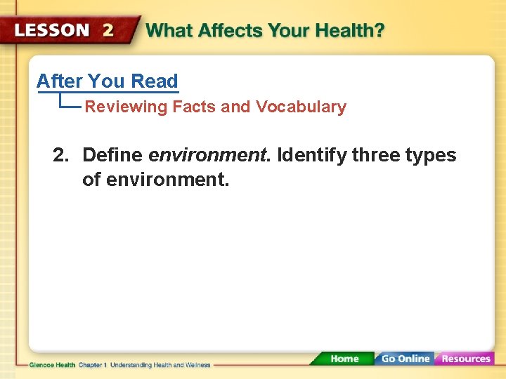 After You Read Reviewing Facts and Vocabulary 2. Define environment. Identify three types of