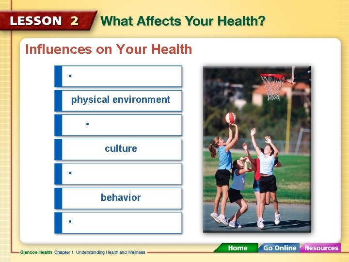 Influences on Your Health • physical environment • culture • behavior • 