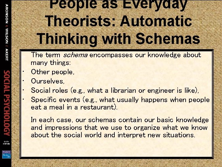 People as Everyday Theorists: Automatic Thinking with Schemas • • The term schema encompasses