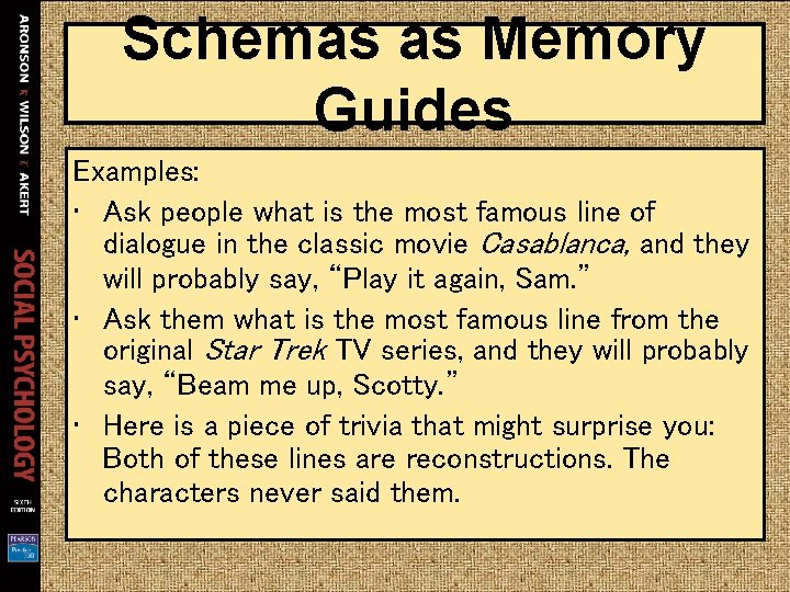 Schemas as Memory Guides Examples: • Ask people what is the most famous line