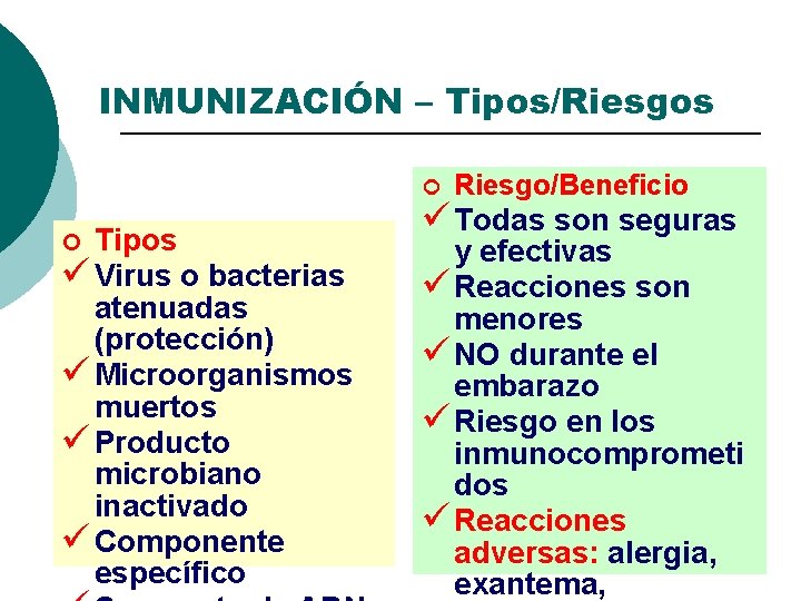 INMUNIZACIÓN – Tipos/Riesgos ¢ Tipos ü Virus o bacterias atenuadas (protección) ü Microorganismos muertos