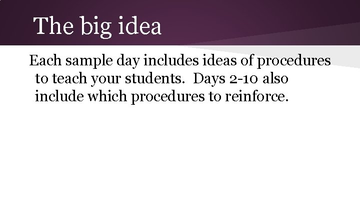 The big idea Each sample day includes ideas of procedures to teach your students.