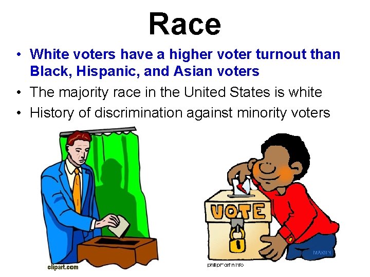 Race • White voters have a higher voter turnout than Black, Hispanic, and Asian