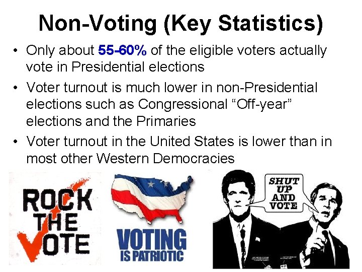 Non-Voting (Key Statistics) • Only about 55 -60% of the eligible voters actually vote