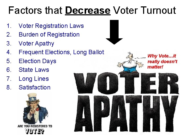 Factors that Decrease Voter Turnout 1. 2. 3. 4. 5. 6. 7. 8. Voter