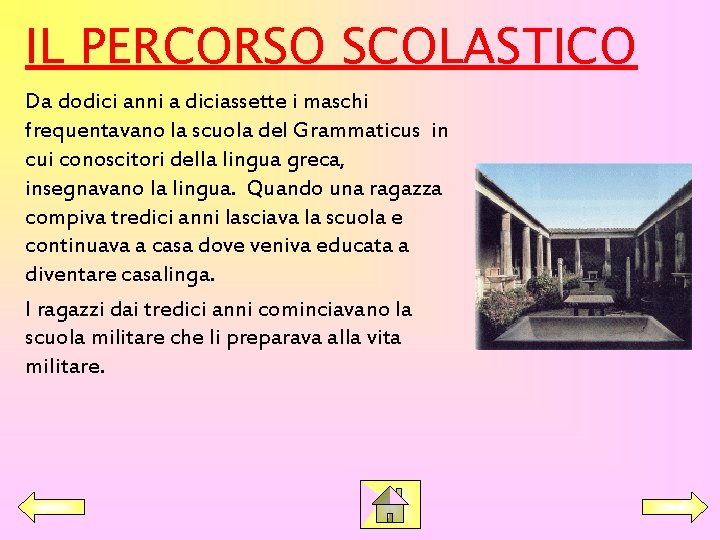 IL PERCORSO SCOLASTICO Da dodici anni a diciassette i maschi frequentavano la scuola del