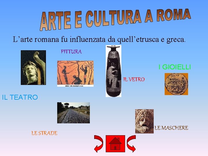 L’arte romana fu influenzata da quell’etrusca e greca. PITTURA I GIOIELLI IL VETRO IL
