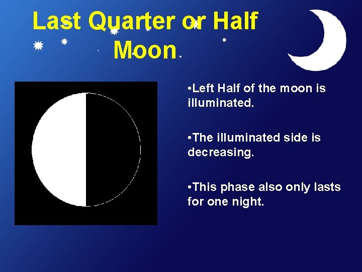 Last Quarter or Half Moon • Left Half of the moon is illuminated. •