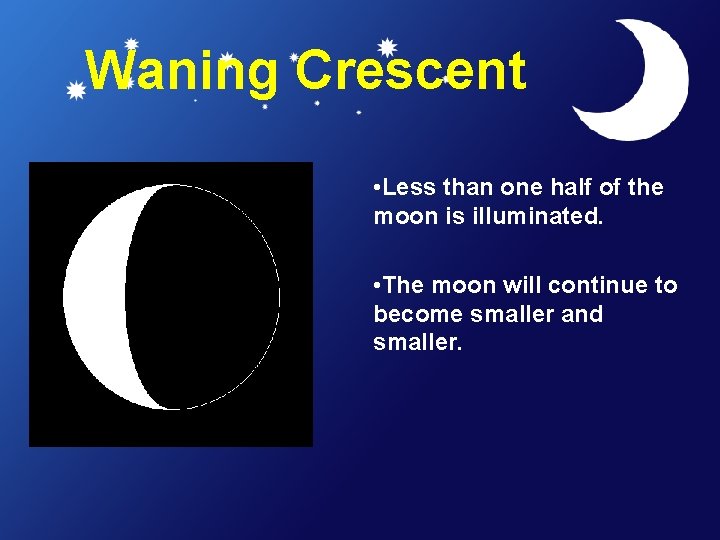 Waning Crescent • Less than one half of the moon is illuminated. • The